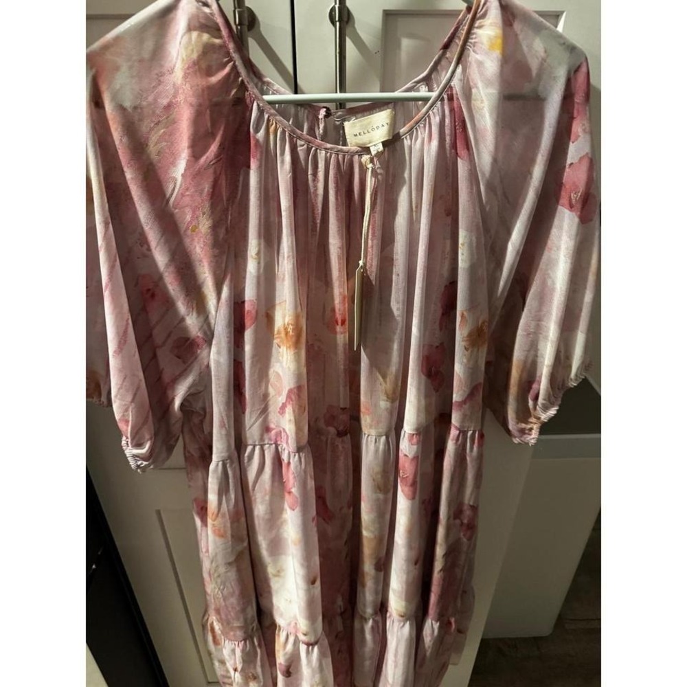 MELLODAY Womens Floral Tiered Midi Dress XL Pink White Boho Gathered Sleeve